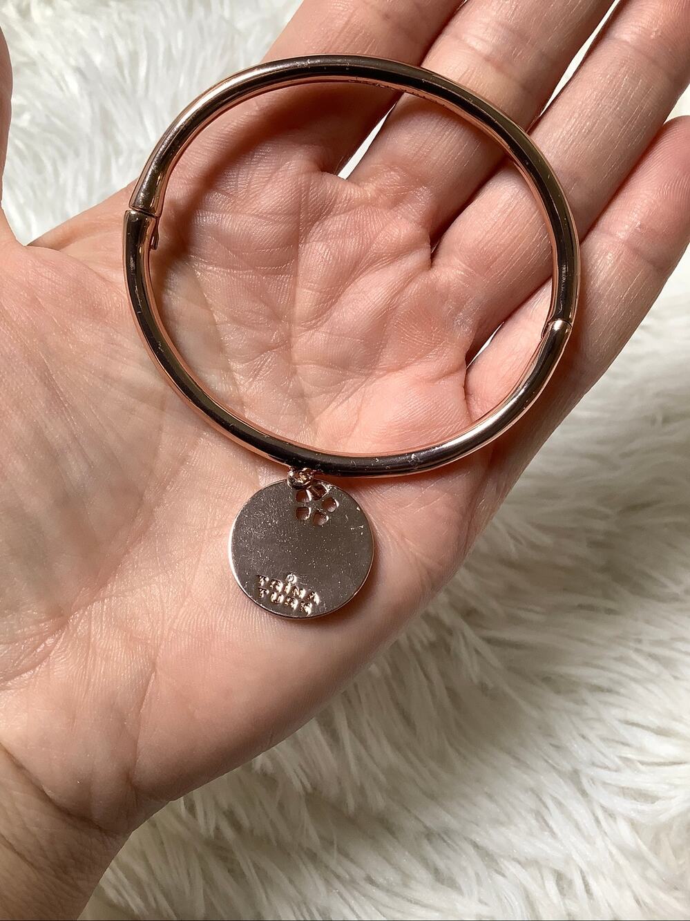 Trina Turk Rose Gold Tone Disc Charm Hinged Bangle Bracelet Minimalist C2-2